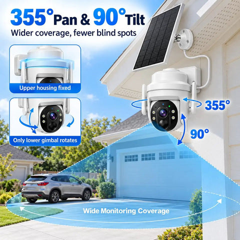 Wireless 2K HD Outdoor Security Camera With Massive 6000mAh Battery And Smart AI Motion Alerts And Rockin Night Vision And Crystal Clear Two Way Audio And Rugged IP65 Weather Armor For Home Defense White showing 355° pan and 90° tilt features.