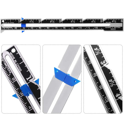 2 Pieces Sewing Gauge With Sliding Marker 5 In 1 Measuring Tool For Fabric Quilting And Sewing Hemming Ruler And Seam Allowance Guide Go To Patchwork DIY Projects Beginner Friendly Machine Accessories showing close-up of metric and imperial scales with blue markers