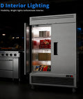 Straight Up Heavy Duty Kitchen Workhorse 54 Inch Commercial Upright Freezer Boasting 49 Cubic Feet Of Reliable Frost Free Storage With Eight Adjustable Shelves, with LED interior lighting and open door showing contents.