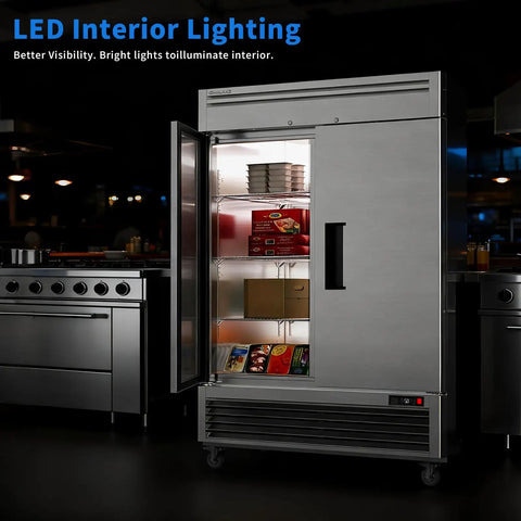 Straight Up Heavy Duty Kitchen Workhorse 54 Inch Commercial Upright Freezer Boasting 49 Cubic Feet Of Reliable Frost Free Storage With Eight Adjustable Shelves, with LED interior lighting and open door showing contents.