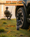 Cordless Tire Inflator Portable Air Compressor 150 PSI Rechargeable next to parked car on grass by lake at sunset