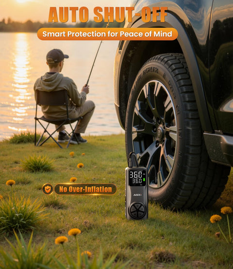 Cordless Tire Inflator Portable Air Compressor 150 PSI Rechargeable next to parked car on grass by lake at sunset