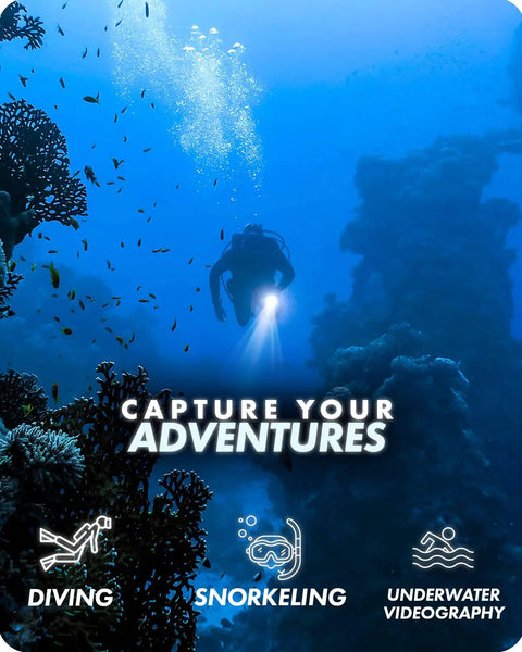 Diver underwater with bright light using Diving Rig Bundle With Waterproof LED Light For GoPro Hero Series, coral reef scene.