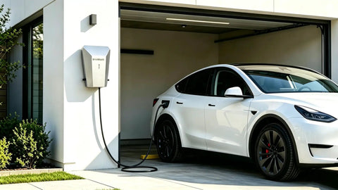 Tough As Nails 304 Stainless Steel EV Charger Enclosure installed next to a white car in a garage, ensuring weather protection.
