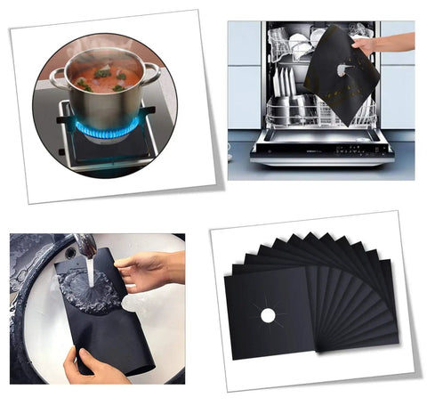 14 Pack Stove Burner Covers Double Thickness Reusable Non Stick Heat Resistant Gas Range Protectors for Kitchen shown in use and cleaning