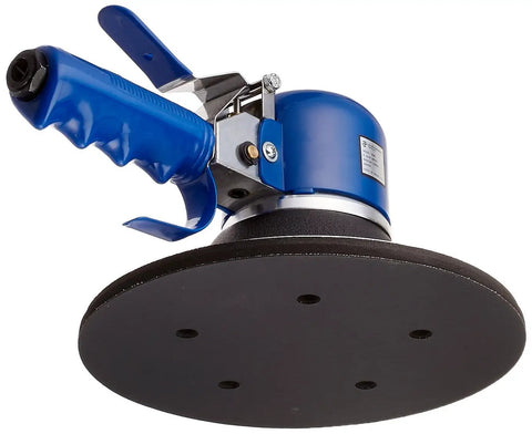 Close-up of Beefy 8 Inch Gear Driven Random Orbital Sander With 8 Inch Pad, blue handle, designed for fast material removal.