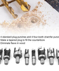 Killer Edge 8 Piece Wood Plug Cutter Drill Bit Set Forged From Heavy Duty High Carbon Steel with standard and chamfer punches.