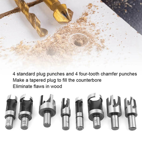 Killer Edge 8 Piece Wood Plug Cutter Drill Bit Set Forged From Heavy Duty High Carbon Steel with standard and chamfer punches.