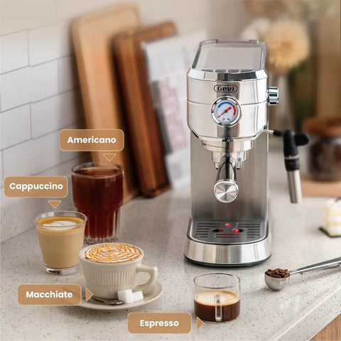 This 20 Bar Espresso Machine Straight Slaps With An Auto Milk Frother And Compact Stainless Steel Build delivering Americano, Cappuccino, Macchiato, Espresso.