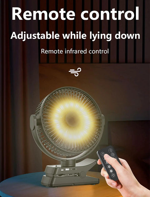 8 Inch Magnetic Clip On Fan For Golf Cart With 12000mAh Battery on table with remote