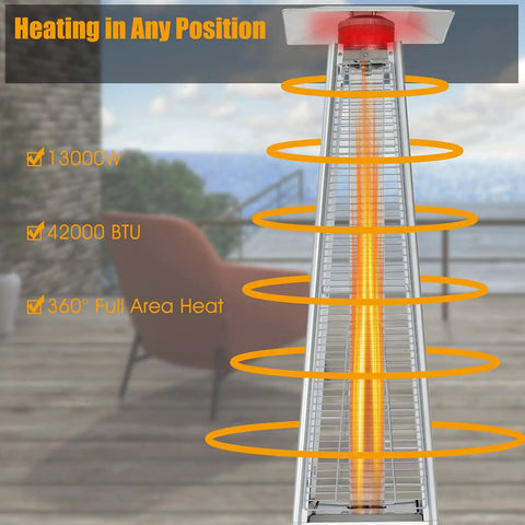 42,000 BTU Pyramid Propane Patio Heater With Dancing Flame, Hammered Stainless Steel Freestanding Deck Heater, Quartz Glass Tube