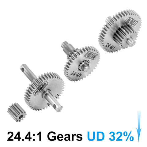 Image of Stainless Steel 24.4 to 1 Transmission Gear Pinion Set for TRX4M Upgrade showing 3 CNC machined gears, durable and rust resistant.