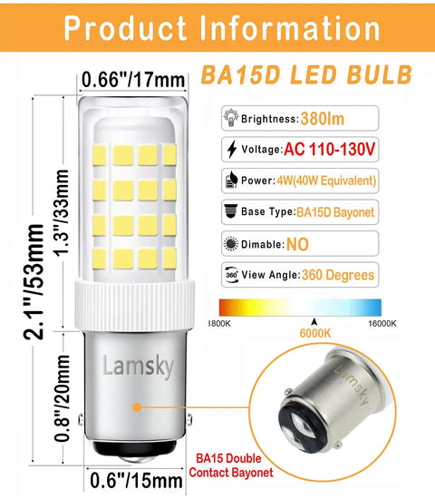LED Dope Sewing Machine Light Bulb BA15D Bayonet Base 110 130V T3 T4 C7 S6 4W Daylight 6000K Replaces 40W Halogen No Dimmer 2 Pack Energy Saving Low Heat Bright White; BA15D LED bulb with dimensions