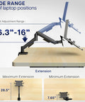 Built Tough Adjustable Laptop Desk Mount For 10 To 15.6 Inch Notebooks with height adjustment from 6.3 to 16 inches on a desk.