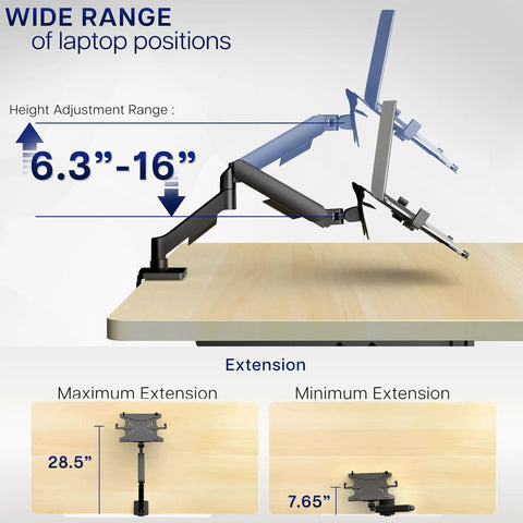 Built Tough Adjustable Laptop Desk Mount For 10 To 15.6 Inch Notebooks with height adjustment from 6.3 to 16 inches on a desk.