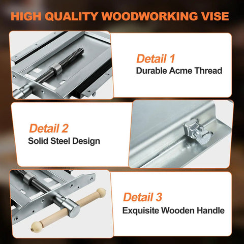 Heavy Duty Adjustable Woodworking Vise For Custom Workbenches Up To 23 Inches Thick with durable acme thread and solid steel design.