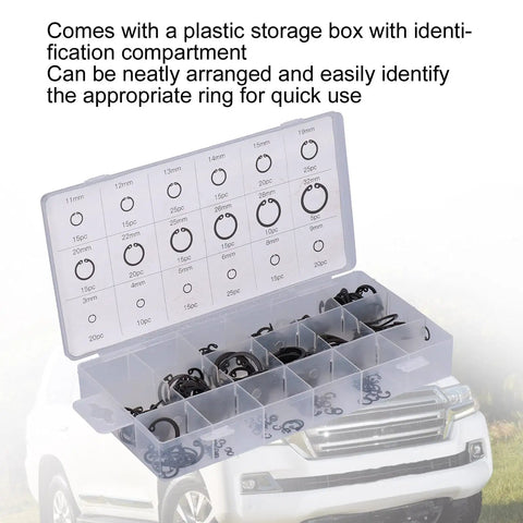 Auto Repair Snap Ring Kit for Home Garage, 300 Pcs in plastic storage box, 18 diameters from 3mm to 32mm, universal fit
