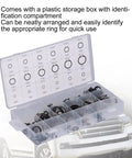 Alloy Steel Snap Ring Kit 300 Piece Universal Retaining Clamp Ring Set For Automotive Repairs And Home Projects Durable And Flexible High Tensile Strength For Quick Fixes, shown in organized compartments inside a clear plastic box.