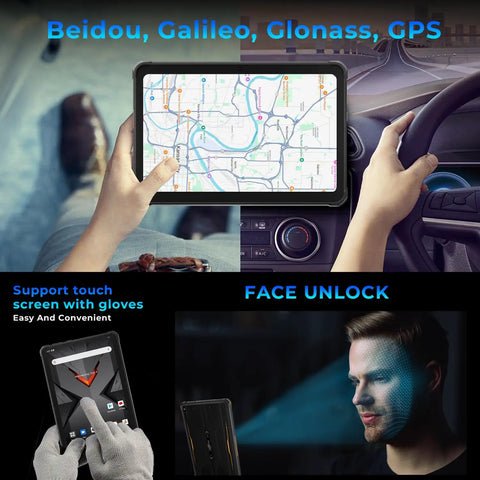 Heavy Duty Rugged Tablet Running Android 14 With Octa Core Muscle And A Vivid Ten Point One Inch Display Built Like A Tank showing GPS navigation features and face unlock capability.