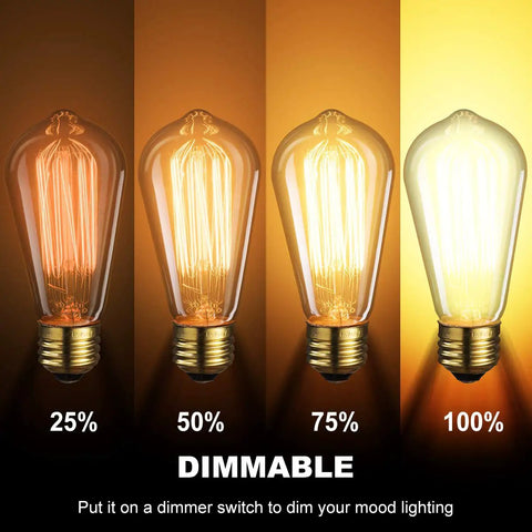 6 Pack Edison Light Bulbs With Squirrel Cage Filament, 60W, 2200K Amber Warm, dimmable ST58 showing different brightness settings