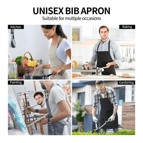 Waterproof Adjustable Bib Apron With Pockets For Men And Women Durable Polyester Keeps Your Clothes Clean From Oil And Dust A Real Workhorse For Cooking Kitchen Gardening And Salon And Office Use shown in everyday activities like cooking, painting, and gardening.