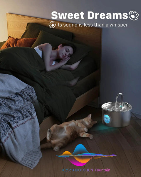 Stainless Steel Cat Water Fountain With 74oz Capacity For Hydration beside sleeping cat and person in dark room.