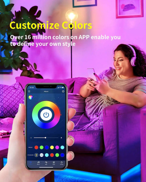Person using app to control Outdoor LED Neon Rope Lights 50ft RGBIC Light Strip 24V with colorful room lighting effects