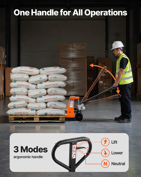 6600 Lb Manual Pallet Jack With 48 By 27 Inch Forks And A 3.35 To 7.1 Inch Lift Height in use with stacked bags in warehouse