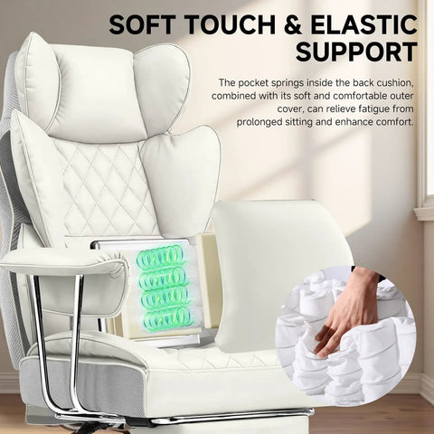 Close-up of the big and tall office chair with high back leather, showing soft touch, pocket springs, and ergonomic support.