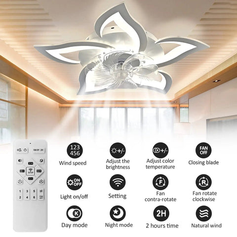 26.8 Inch Dope Flower Lamp Chandelier Ceiling Fan With Lights, remote control shown, stylish fan in modern living room ceiling.