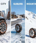 Solid Hella Grip Twelve Piece Car Snow Tire Chains With Spiral Anti Skid Traction Straps And Quick Zip Tie Install For Conquering Ice Snow Sand Or Mud On Your Daily Rig Featuring Bright Orange Coating For Maximum Road Safety on city, suburb, and mountain locations.