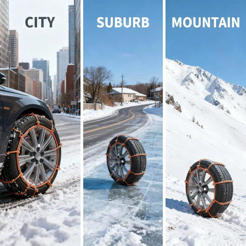 Solid Hella Grip Twelve Piece Car Snow Tire Chains With Spiral Anti Skid Traction Straps And Quick Zip Tie Install For Conquering Ice Snow Sand Or Mud On Your Daily Rig Featuring Bright Orange Coating For Maximum Road Safety on city, suburb, and mountain locations.