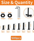 Top Shelf 500 Piece M2 Metric Countersunk Hex Socket Flat Head Screws Kit sizes and quantity display with hex nuts and washers.