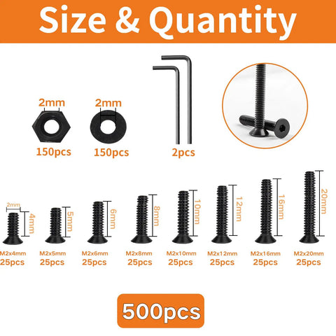 Top Shelf 500 Piece M2 Metric Countersunk Hex Socket Flat Head Screws Kit sizes and quantity display with hex nuts and washers.