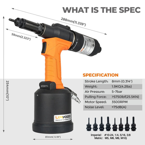 Heavy Duty Air Hydraulic Rivet Nut Tool With Reversible Button, Pro Grade Pneumatic Riveter And Auto Rivet Nut Gun Kit Includes 8 Nose Pieces