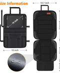 2 In 1 Car Seat Protector And Kick Mat With iPad Holder, size guide, waterproof material close-up, black, measures 25x18.7 inches