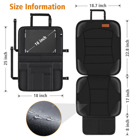 2 In 1 Car Seat Protector And Kick Mat With iPad Holder, size guide, waterproof material close-up, black, measures 25x18.7 inches
