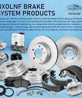 NXOLNF brake system products including rotors, calipers, and brake pads displayed on a blue background