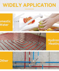 Diagram showing applications of Half Inch PEX Expansion Ball Valve Kit 10 Pack Brass Shut Off Valves F1960 PEX A for potable water and heating.
