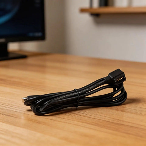 12 Speed Electronic Shifting Cable For Bicycle With USB C Charging Cord Plug And Play PVC Derailleur Wire For Di2 Systems Like R8170 RX825 Compatible With Groupsets And Type C Power Connectors coiled on wooden desk