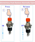 Diagram showing operation of 30 Pack SPST Momentary Push Button Switches Normally Open 1A 250V AC Two Pin PBS-110 with press and release actions.