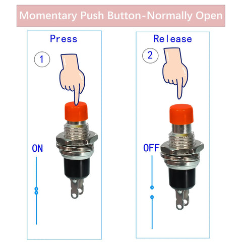 Diagram showing operation of 30 Pack SPST Momentary Push Button Switches Normally Open 1A 250V AC Two Pin PBS-110 with press and release actions.