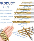 Heavy Duty Six Piece Titanium Coated Twist Drill Bit Set For Wood Metal Plastic Drilling Straight Up Killer Edge Fast Cut Spiral Flute Design sizes displayed.