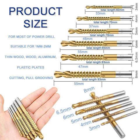 Heavy Duty Six Piece Titanium Coated Twist Drill Bit Set For Wood Metal Plastic Drilling Straight Up Killer Edge Fast Cut Spiral Flute Design sizes displayed.
