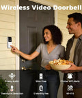 Dual Band Wireless Video Doorbell Camera With 2.4G And 5G Wi Fi, 2 Way Audio, AI Motion Alerts, Instant Alerts, Included Chime, No Monthly Fee, Easy Setup, Battery Powered With Long Battery Life, Works With NVR Or Standalone Security System on a house door