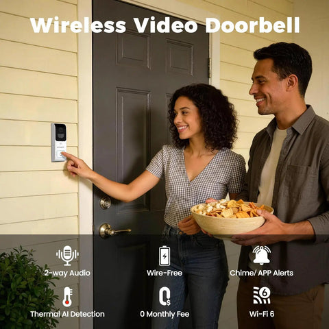 Dual Band Wireless Video Doorbell Camera With 2.4G And 5G Wi Fi, 2 Way Audio, AI Motion Alerts, Instant Alerts, Included Chime, No Monthly Fee, Easy Setup, Battery Powered With Long Battery Life, Works With NVR Or Standalone Security System on a house door