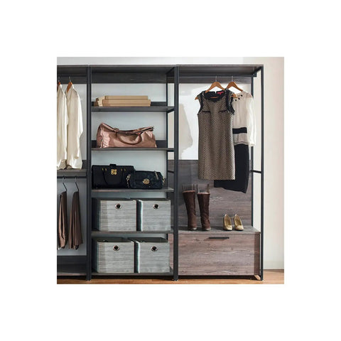 No-Fuss Heavy-Duty Modular Walk-In Closet Organizer Featuring Rustic Weathered Wood Panels Built For Hassle-Free Wardrobe Storage And Slick Layout Management with hanging clothes, bags, and storage bins.