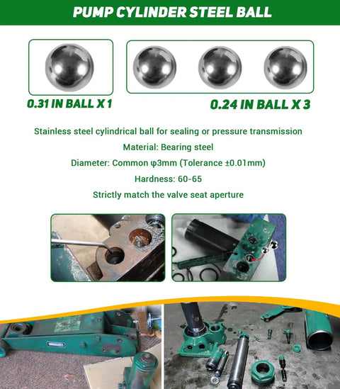 Pump cylinder steel balls in the 1.5 Ton Floor Jack Seal Replacement Kit with O rings piston and washer complete 22 piece hydraulic kit