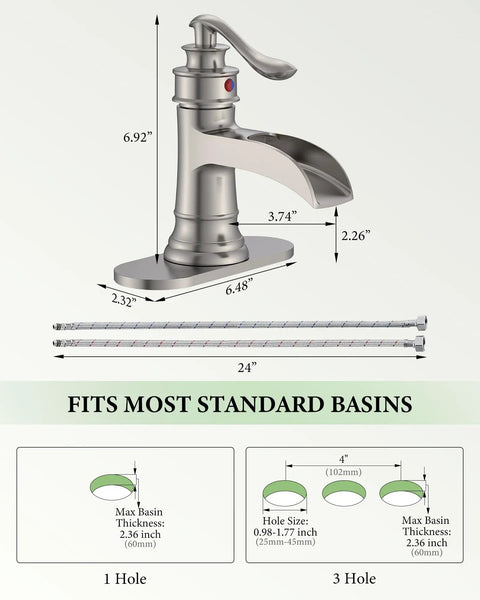 Dimensions of Waterfall Bathroom Faucet In Brushed Nickel Finish Dope Farmhouse Style Vanity Sink Tap With Deck Plate