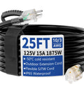 25 Foot Heavy Duty Indoor Outdoor Extension Cord With Lighted End 10 3 Gauge 15 Amps 125 VAC LED Power Indicator Oversized NEMA 5-15P To 5-15R Weather Resistant Flexible Black Cord For Tools Patio Lights And More coiled with plug ends